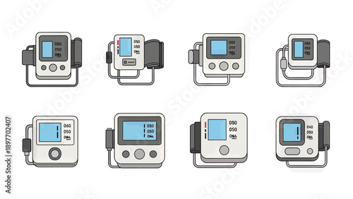 Digital Blood Pressure Monitor Icons Set