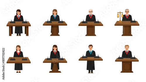 Judges in Courtroom Attire Sitting at Desks, Justice Symbol