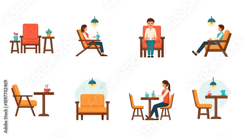 Cozy Cafe Scenes: People Relaxing in Armchairs and at Tables