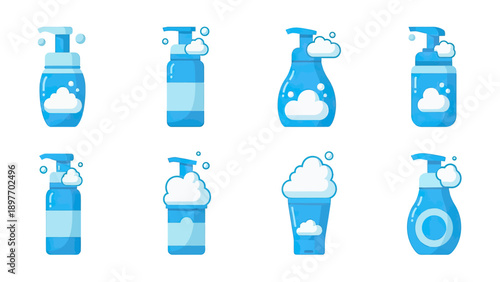Foaming Soap and Hand Sanitizer Bottles with Bubbles Vector Set