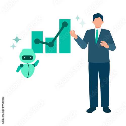 Businessman visualizing data with AI, analyzing charts and explaining insights to support decision making, productivity and efficient business workflow