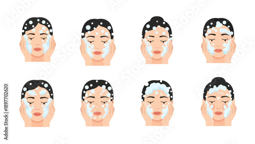 Woman Cleansing Face with Foam, Step-by-Step Skincare Routine