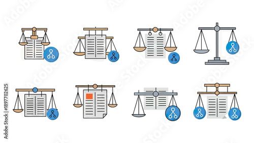 Law and Justice Icons: Scales of Justice with Legal Documents
