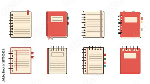 Collection of Red Notebooks and Journals, Vector Illustration