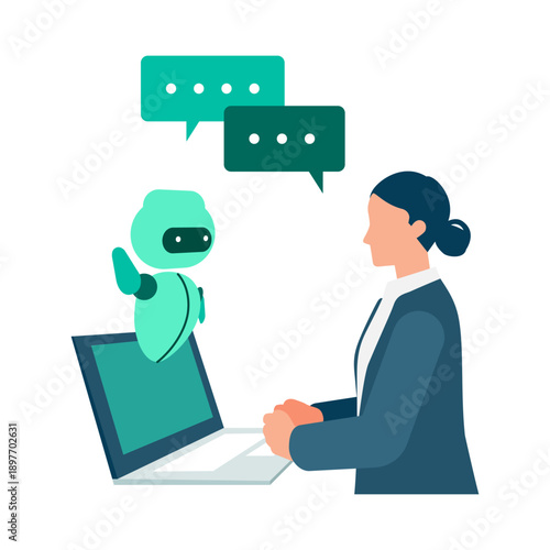 Businesswoman talking with AI assistant, conversation illustration showing proposals, task support and productivity improvement through artificial intelligence