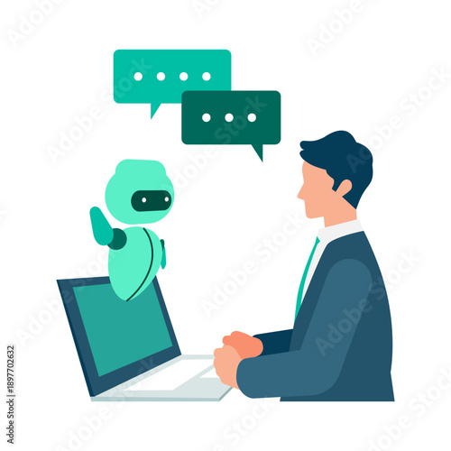 Businessman talking with AI assistant, receiving suggestions through voice input and conversation to support tasks, productivity and business decision making