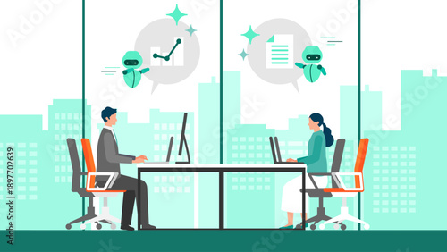 Business team using AI assistant in office, men and women supported by artificial intelligence to streamline tasks, collaboration and daily business workflow