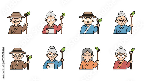 Elderly Japanese Characters with Traditional Attire and Walking Sticks