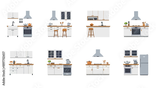 Modern Kitchen Setups with Cabinets, Stoves, and Sinks Vector Collection