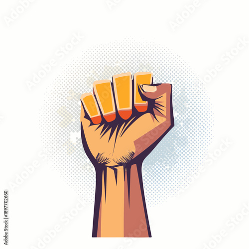 Trendy Halftone Collage Raised Fist up. Demonstration of protest. Fight for your rights.