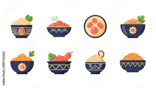 Assortment of Delicious Rice Bowls with Garnishes and Spices