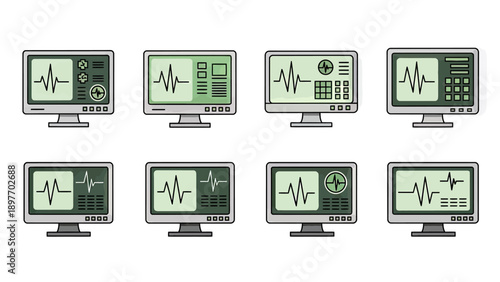 Medical Monitors Displaying Heartbeat and Data, Flat Design