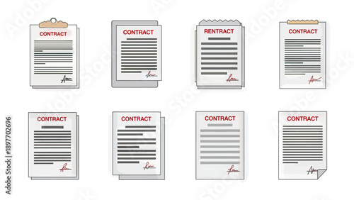 Collection of Contract Document Icons with Signature