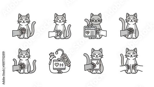 Cute Cat with Medical Icons: Vector Illustration Set