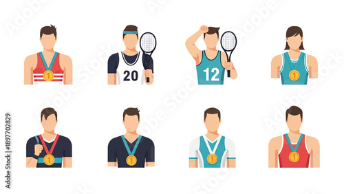 Sports Champions and Athletes with Medals Vector Set