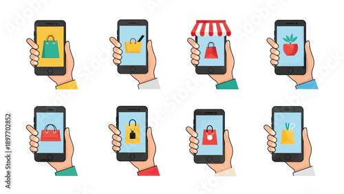 Hands Holding Smartphones with Shopping Bags and Icons