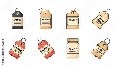 Collection of Diverse Tag and Label Designs with Sample Text