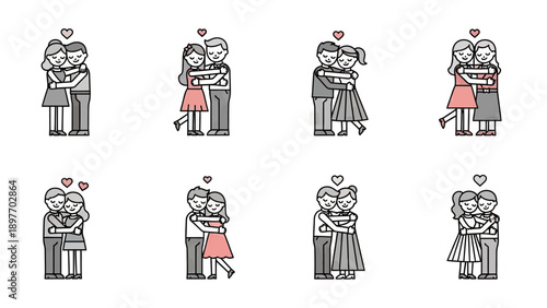 Couple Hugging Icon Set: Romantic Love and Affection