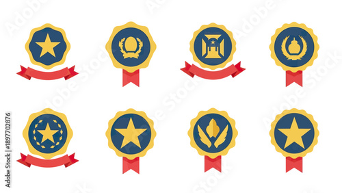 Set of Award Badges with Ribbons, Blue and Gold Medals Featuring Stars and Symbols