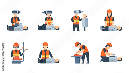 CPR Training Icons Set: Rescuer Performing Cardiopulmonary Resuscitation