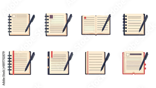 Set of Notebook Icons with Pens, Writing and Note-Taking Concept