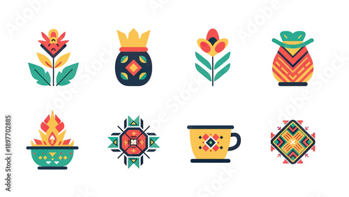 Folk Art Inspired Geometric Floral and Object Icons
