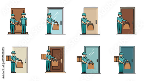 Delivery Person at Doorstep with Package Vector Icons