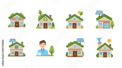 Eco-friendly Houses and Green Energy Icons