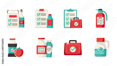 Health and Safety Icons: First Aid, Medicine, Checklist, Fire Extinguisher