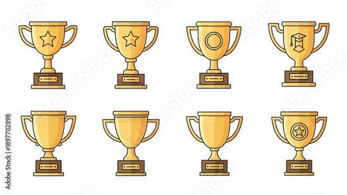 Collection of Golden Trophies with Different Symbols, Pixel Art Style
