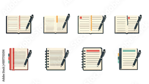 Open Notebooks with Pens Vector Icons Set