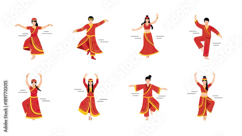 Diverse Asian Dancers in Traditional Red and Gold Attire