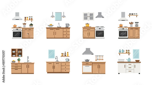 Modern Kitchen Setups Flat Design Vector Illustration
