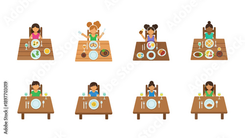 Diverse children enjoying meals at wooden tables, vector illustration