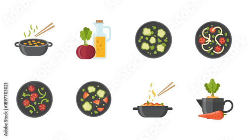 Healthy Food Preparation Icons: Vegetables, Cooking, and Ingredients