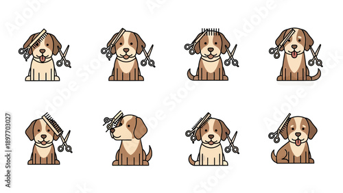 Cute Dog Grooming Icons: Haircut and Styling Process
