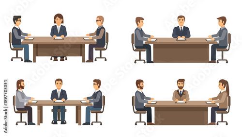Business Meeting Scenes Vector Illustration Set