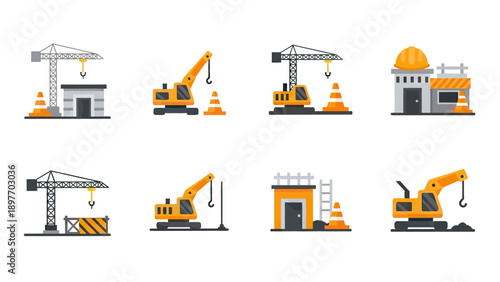 Construction Equipment Set with Cranes, Excavators, and Buildings
