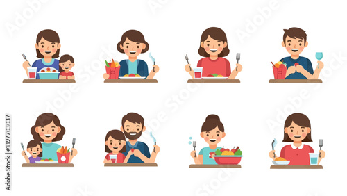 Happy Family Eating Together, Diverse Scenes Vector Illustration