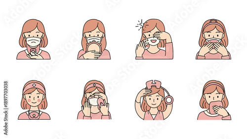 Woman Demonstrating Face Mask Usage and Hygiene Steps