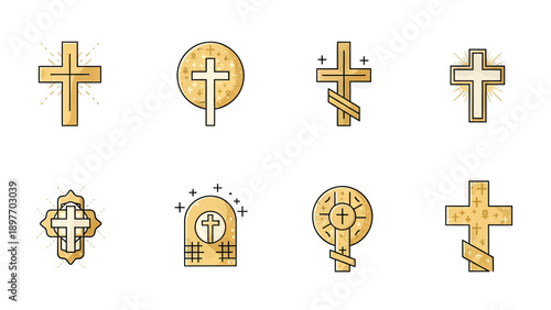 Golden Christian Cross Icons Set