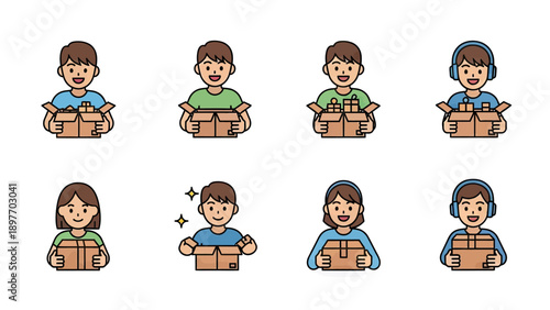 Happy People Unboxing Gifts and Packages Vector Icons