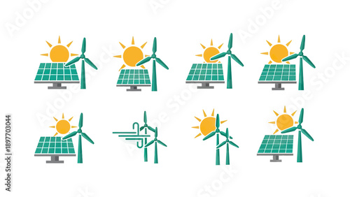 Renewable Energy Icons: Solar Panels and Wind Turbines
