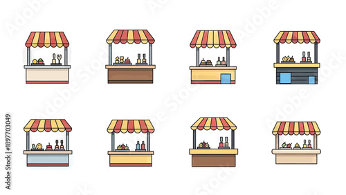 Set of Colorful Market Stalls with Food and Drinks