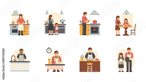 Family Cooking Scenes in Kitchen Vector Illustrations