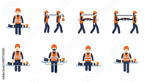 Medical Rescue Team Carrying Injured Person on Stretcher Flat Icons