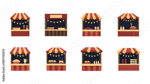 Set of Festive Market Stalls with Food and Drinks