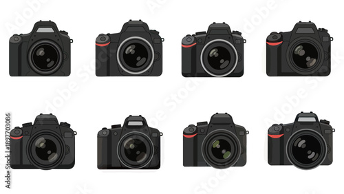 Set of Digital SLR Cameras in Flat Design Style
