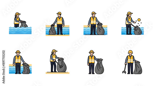Environmental Cleanup Icons: Beach and Water Pollution Collection