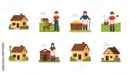 Rural Farm Life Scenes Vector Set